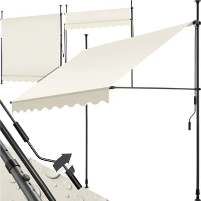 A cream-colored awning is shown extended from a black metal frame, with a crank mechanism visible on the right. Another awning is shown retracted in the background.
