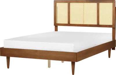 Produktbild von BELIANI Bett Hellbraun Gummibaumholz mit Lattenrost 140 x 200 cm Hohes Kopfteil Wiener-Geflecht Rustikaler Stil Schlafzimmer Ausstattung Doppelbett