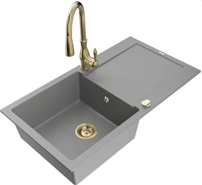Produktbild von Mexen Leo 1 Becken-Granitspüle mit Abtropffläche und Mischbatterie Savita, Grau - 6501-71-672601-50