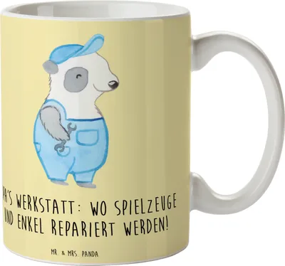 Produktbild von Mr. & Mrs. Panda Becher Großeltern Werkstatt - Gelb Pastell - Geschenk, Teetasse, herzerwärmende Sprüche, persönliche Erinnerungen, Reparatur, Kaffeetasse, Keramiktasse