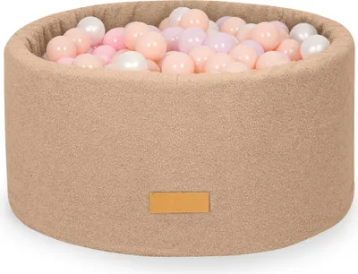 Produktbild von Flumi Bällebad Baby - Bällepool Kinder 90x40cm mit 200 Bällebad Bälle ∅ 7cm in EU hergestellt - dunkelbeige + Bälle rosa Pastellfarben