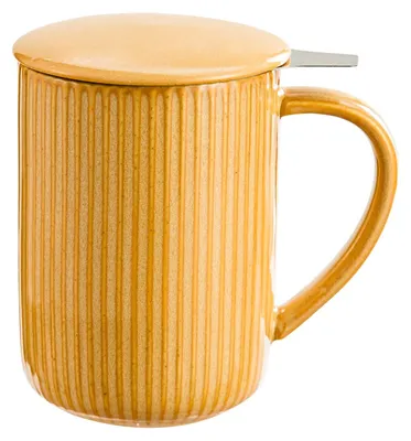 Zdjęcie produktu dla Ceramiczna filiżanka do herbaty z pokrywką i sitkiem - żółta