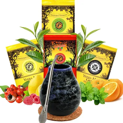 Produktbild von Yerba Mate Set Keramik Mate Becher Marmol 400 ml mit Bombilla Edelstahl 19 cm – 4x Yerba Mate Green Tee je 50 g mit Guarana, Früchten & Zitrone