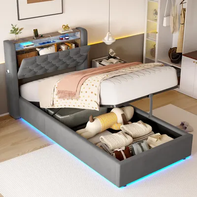 Image de okwish Lit rembourré 90×200, prise et LED, lit simple avec tête de lit et rangement, coffre intégré, gris foncé, sans matelas.