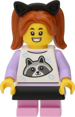 A LEGO minifigure of a girl with brown pigtails and black cat ears, wearing a white shirt with a raccoon graphic and purple sleeves, and pink pants.