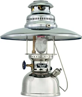 A chrome-plated steel reflector for a Petromax lantern.