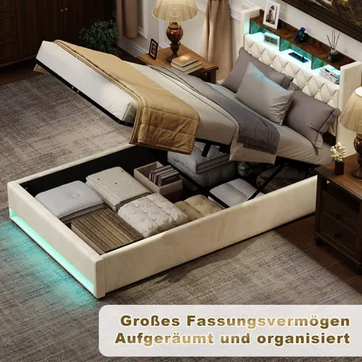 Produktbild von MODFU Doppelbett 140×190 Polsterbett mit LED-Beleuchtung, USB & Steckdosen,Stauraumbett Jugendbett mit Kopfteil & Regal ,Bettgestell für Schlafzimmer,ohne Matratze,Beige