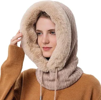 Produktbild von Wintermütze für Damen - Fleece-Mütze mit Kordel - Wollmütze mit Kapuze - Kälte- und Winddichter Gesichtsschutz - Beige - für Skifahren, Reiten und Motorradfahren