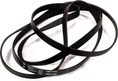 A black serpentine belt is coiled and laid out on a white background.