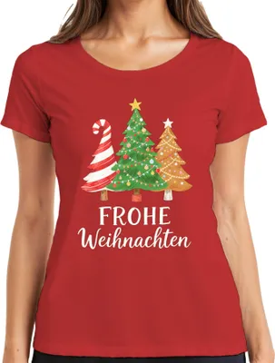Produktbild von FROHE Weihnachten Weihnachtsbaum Tannenbaum Zuckerstange Lebkuche Damen T-Shirt, Rot, L