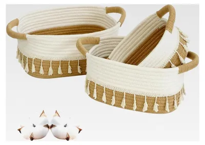 Produktbild von Set aus 3 Aufbewahrungskörben aus Baumwollseil – Woven Rope Storage Baskets mit Griffen, Boho Quasten Deko Körbchen, für Wohnzimmer, Schlafzimmer, Kinderzimmer, Große/Mittlere/Kleine Weiß-Khaki