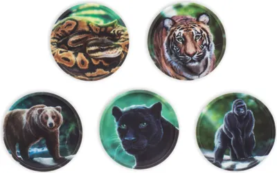 A collage of five circular images, each featuring a different jungle animal.
