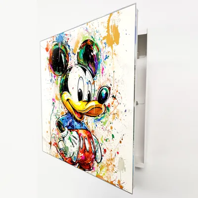 Produktbild von Schlüsselkasten Weiß Metall, bunte Micky Maus Graffiti Motiv hinter Glas, Moderne Schlüsselbox linksöffnend, 32x28x6,5 cm, 20 Haken für den Flur.