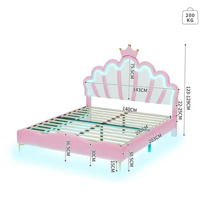 Obrázek produktu pro Abrihome Dětská postel Dvoulůžko – 140 x 200 cm s roštem a LED osvětlením, čalouněná postel z umělé kůže, čelo ve tvaru koruny, růžová