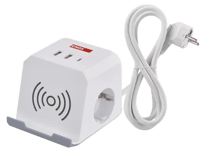 Produktbild von EMOS Steckdosenwürfel mit USB und QI Ladestation, 2X Schuko-Steckdosen, 2X USB-A