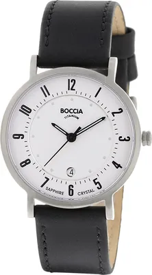 A close-up studio shot of a Boccia Titanium watch with a black leather strap.
