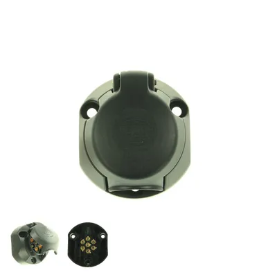 A black 7-pin trailer socket with a hinged cover, shown on a white background. Two smaller inset images show the socket from different angles, one with the cover open revealing the pins.
