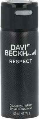 A black aerosol can of David Beckham Respect Deodorant Spray for Men.