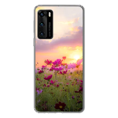 Produktbild von MuchoWow® Handyhülle Schutzhülle Hülle für Huawei P40 Sonnenuntergang - Blumen - Rosa - Natur - Grün Silikon Softcase Handy Hülle - Handytasche