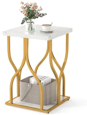 Produktbild von KOMFOTTEU 2-stufiger Beistelltisch, quadratischer Sofatisch mit Marmor-Optik Tischplatte & goldfarbenem Metallgestell, Couchtisch, Kaffeetisch für Wohnzimmer & Schlafzimmer, 39,5 x 39,5 x 59,5 cm