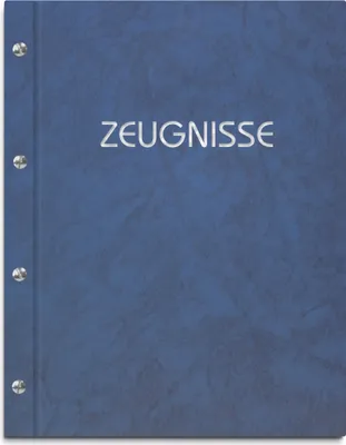 Produktbild von Zeugnismappe im blauen Einband in Marmoroptik, mit hochwertigem Prägedruck in silber – handgefertigte Mappe inkl. 12 Sichthüllen