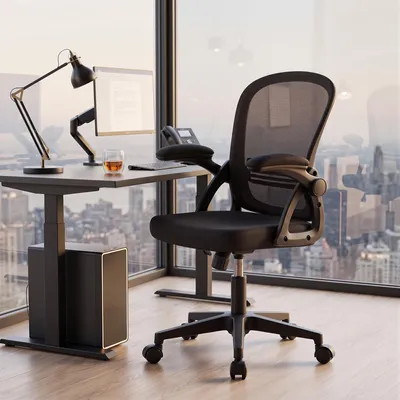 Image de Chaise de bureau ergonomique, dossier inclinable de 90 à 110°, accoudoirs pliables à 90°, réglable en hauteur, avec roulettes, couleur noire, idéale pour le télétravail