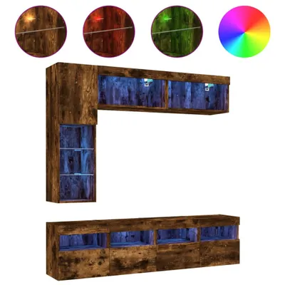 Imagen del producto de Muebles de TV de pared con luces LED 7 piezas roble ahumado