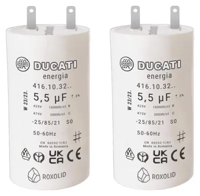 2 Kondensatoren 5,5 µF für Rollladenmotor, zylindrisch, 2 Faston 2,8 mm