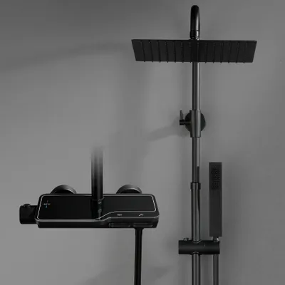 Immagine prodotto di JOHO Nero con Termostatico in Acciaio INOX 304 Colonna Doccia Rubinetto con Soffione con Miscelatore, Set Doccia a Pioggia con Doccetta 25×25cm