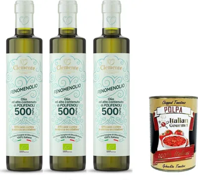 Produktbild von Clemente 100% Natives Olivenöl Extra „Fenomenolio“ mit hohem Polyphenolgehalt – 3x500 ml+ Italian Gourmet polpa 400g