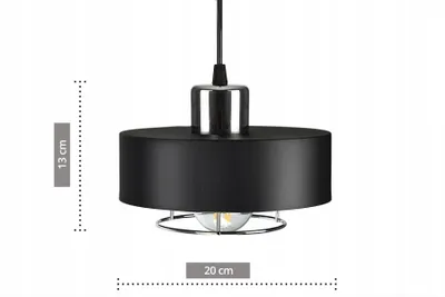A black pendant light with chrome accents, shown against a white background with dimensions indicated.