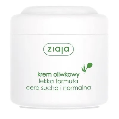 A white jar of Ziaja olive cream with green text and a small olive branch graphic.