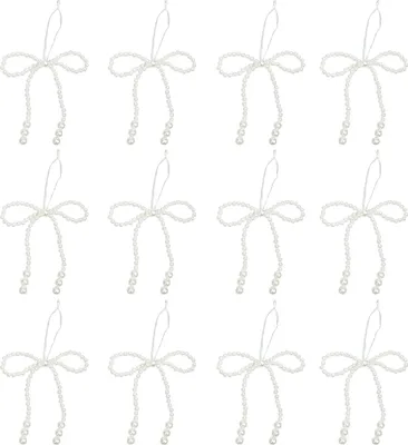 Produktbild von Weihnachtsbaumschmuck mit Schleifen aus Kunstperlen, weiße Schleifen aus Kunstperlen, hängender Schmuck, Schleifen-Baumspitze für Hochzeiten, Brautpartys, Babypartys und Geburtstagsdekorationen