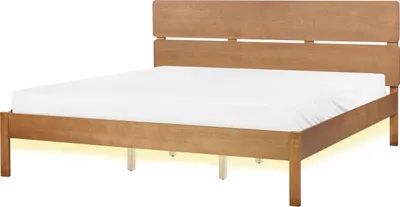 Obrázok produktu pre BELIANI Posteľ svetlé kaučukové drevo 180 x 200 cm dvojlôžko s lamelovým čelom a roštom LED podsvietenie minimalistický rustikálny štýl