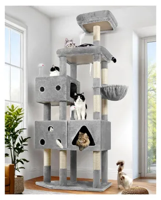 Produktbild von Kratzbaum XXL 207 cm mit 3 großen Katzenhäusern, gepolsterter Plattform, Sitzstangen, Katzenkorb, 8 Sisalstämmen, stabil für große Katzen in Innenräumen