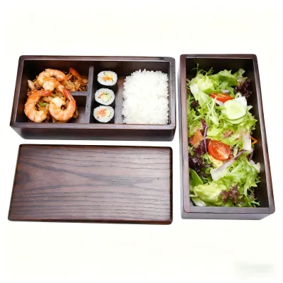 Immagine prodotto di Omgoods - Contenitore per il pranzo a due scomparti - Lunchbox in legno - Contenitore per alimenti - Stile giapponese - Tre scomparti - Sicuro e salutare