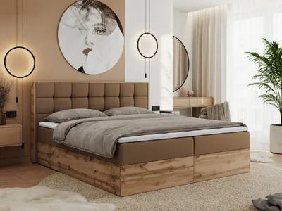 Produktbild von MKS MEBLE Boxspringbett 180x200 mit Bettkasten Eiche, Polsterbett 180x200 mit Matratze H3, Bett 180x200 mit Kopfteil, Eiche Wotan - 180x200 - Braun Kunstleder - Albero-1