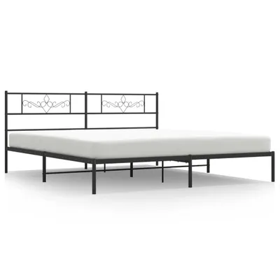 A black metal bed frame with a white mattress on a white background.