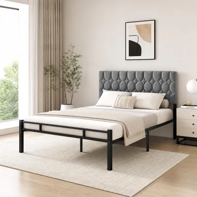 Produktbild von Doppelbettgestell 140x200 cm Metallbett mit gepolstertem Kopfteil Bettrahmen Stahl Stauraum unter dem Bett Plattformbett geräuschlos Grau