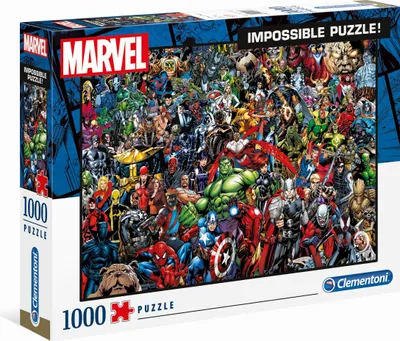 The image shows the front and side of a Marvel Impossible Puzzle box. The box is covered in a collage of Marvel comic book characters.