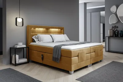 Produktbild von MEBLINI Boxspringbett Elektrisch Verstellbar mit LED - Gepolstert Doppelbett mit Matratzen und Toppers - Polsterbett - Bett mit Kopfteil - ASPERO - 140x200 - H3/Senffarbe Samt