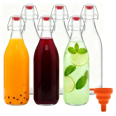 Imagen del producto de Omgoods - Juego de 6 botellas de vidrio de 500 ml con cierre mecánico y embudo