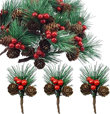Produktbild von 20 STK. Kleine Künstliche TannenZweige mit Beeren und Tannenzapfen Ideal für Weihnachtsdekoration Weihnachtsdeko Adventsdeko Aussen Innen selBär Machen Basteln Adventkranz Advent Tischdeko
