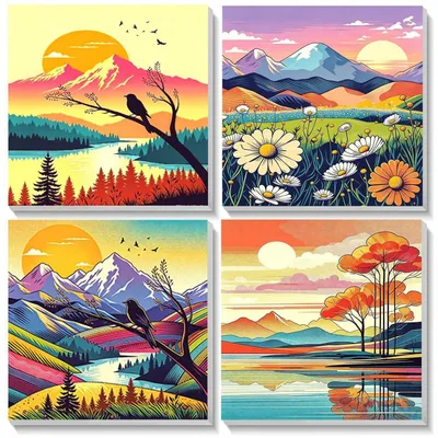 Zdjęcie produktu dla Zestaw do malowania po numerach dla dzieci, 4 sztuki, z ramkami, wymiar 20x20 cm, zawiera farby akrylowe i pędzle