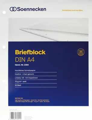 Produktbild von Soennecken Briefblock 2304 DIN A4 gelocht Lineatur28 kariert 50Blatt
