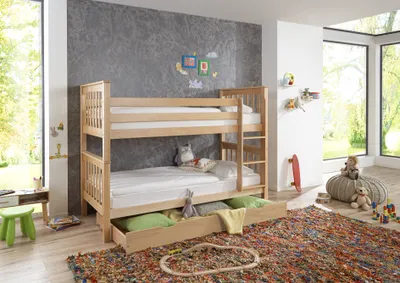 A child's bedroom with a wooden bunk bed, toys, and large windows.