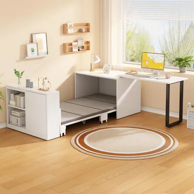 Immagine prodotto di Scrivania angolare 2 in 1 Merax su rotelle, con letto ribaltabile, materasso, scrivania con 2 vani portaoggetti, struttura in metallo; scrivania da ufficio per piccoli appartamenti, bianca