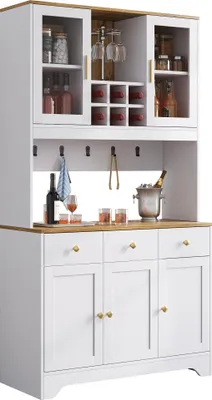 A white and wood-colored sideboard with glass-fronted cabinets and wine racks.
