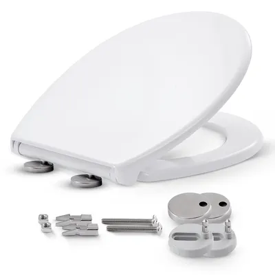 Immagine prodotto di AREBOS: Sedile per WC con sistema di chiusura ammortizzata e sistema di montaggio rapido, realizzato in urea-duroplast, antibatterico, resistente fino a 150 kg, forma ovale, fissaggio superiore, colore bianco
