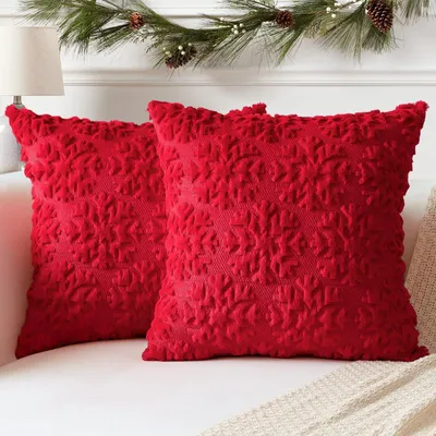 Produktbild von Set mit 2 Kissenbezügen aus weicher Wolle, kurzem Samt, dekorative Weihnachtskissen für Sofa und Schlafzimmer, schneeflockenrot, 60 x 60 cm